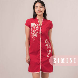 RIMINI: Gaun Pesta Perempuan Midi Puff Bordir Bunga Vneck Cheongsam XS-XL - Qiaofeng Dress 85882
