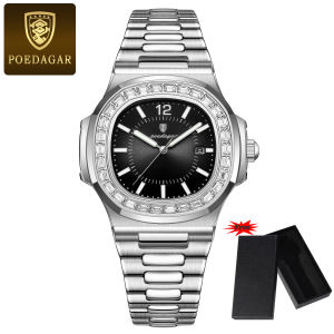 【With a Watch Box】POEDAGAR Top Brand Fashion Men Watches Luxury Business Man Wristwatch Waterproof Luminous Date Week Quartz Watches Square Shape Stainless Steel Strap High Quality Mens Watch 918G + Watch Box