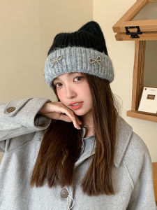 Fashionable Color Block Pearl Bow Knot Knitted Hat Womens Korean Style All-Match Warm Winter Hat Casual Style round Top