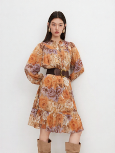 Vero Moda | Shimmering Silk Retro Printed Pleated Belted Fall New Chiffon Dress