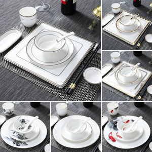 High-End Ceramic Dining Set for Hotels And Restaurants Company Banquet Hall Printed Dinnerware Table Setting Chinese Style Gold Rimmed