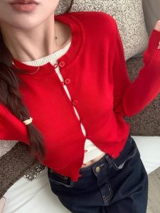 เสื้อคาร์ดิแกนแขนยาวทรงเข้ารูปสไตล์เกาหลีสำหรับผู้หญิง คอลเลกชั่นฤดูใบไม้ผลิและฤดูใบไม้ร่วง 2025 ดีไซน์เก๋ไก๋ ทรงเข้ารูป