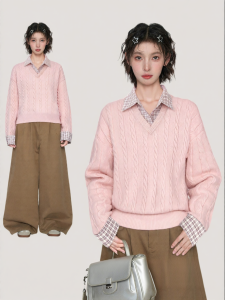 BAIDAIFEI | Áo Len Đan Hồng Cổ V Dày Cổ Polo Rộng Dài Tay
