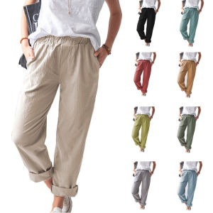 Womens Cotton Linen Straight Leg Pants Casual Trousers Natural Waist Patchwork Design Comfortable Long Pants for Ladies
