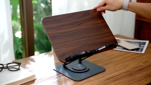 360° Rotating Book Stand Adjustable Foldable Book Holder with Elastic Page Clips Wooden & Aluminum Reading Stand for Cookbook Recipe Magazine Tablet Laptop Hands Free Reading