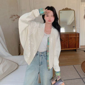 New Chinese Style Shiny Sequin Baseball Jacket Thin Outerwear Women Spring Autumn Casual Sports White Short Top