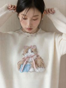 Cantonstory | Cartoon Print Round Neck Loose Knit Sweater