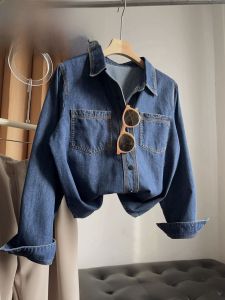 American Style Loose Casual Blue Denim Shirt Womens Fashion Bloggers Choice Simple Design Long Sleeve Cotton Pure Color