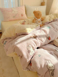 Thickened Milk Velvet Bedding Set Cartoon Winter Warm Fleece 1.5m Bed Sheet Cover Dormitory Three-piece Set Girls Heart