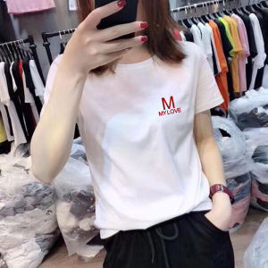 Summer New Loose Cotton Short Sleeve T-Shirt Women Basic Style White Versatile Top Korean Style round Neck Printed Casual Wear