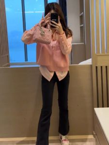 Spring 2024 Womens New Chinese Style Loose Knitted Pink Shirt Two-Piece Set with Button Design Polo Collar Long Sleeve Regular Fit