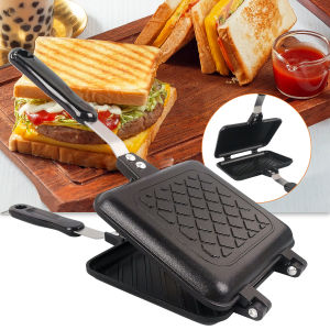 เครื่องทำแซนวิชแบบไม่ติดสองด้าน กระทะย่างสำหรับขนมปังปิ้งอาหารเช้าพร้อมที่จับป้องกันการลวก อุปกรณ์ทำแซนวิช