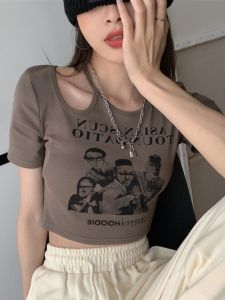 Áo Thun Tay Ngắn Ôm Vừa Vặn Phong Cách Mỹ Cổ Điển Dành Cho Nữ Mùa Hè Áo Ngắn Cạp Cao Gợi Cảm Áo Thun Cotton Thường Ngày