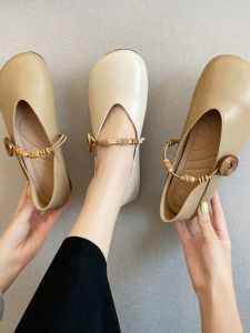 Comfortable Soft Leather Mary Jane Flat Shoes Womens Spring 2025 New Style Evening Gentle Flat Bottom Casual Retro Bean Shoes