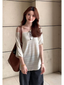 YUEZHONGWEI | Loose Fit Ice Silk Linen Knitted Short Sleeve T Shirt Asymmetrical Korean Style Commute Summer Top Breathable Sweat Absorbent