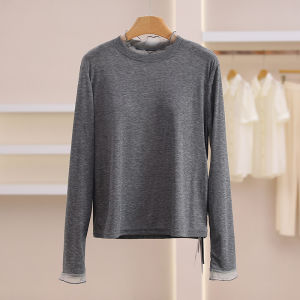 Slim Fit Long Sleeve T-Shirt Womens Casual Style Patchwork Stand Collar Base Layer Spring Fashion Grass Fragrance
