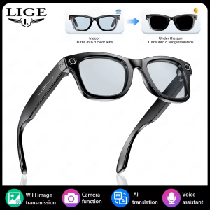 LIGE AI Smart Glasses 8MP HD Camera Photo Video Recording  Waterproof Bluetooth Call AI Voice Translation 270mAh Battery Voice Assistant Music Sunglasses