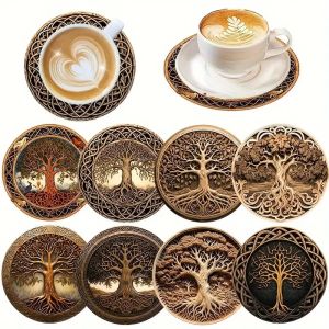 8 pieces/set of tree-patterned wooden anti-slip coasters suitable for home offices and theme party decoration