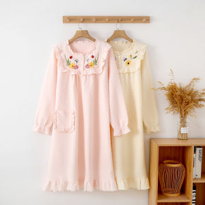 Pure Cotton Long Sleeve Sleepwear Womens Warm Bathrobe Autumn Winter Home Clothes Three-Layer Cotton Air Knitted Nightgown