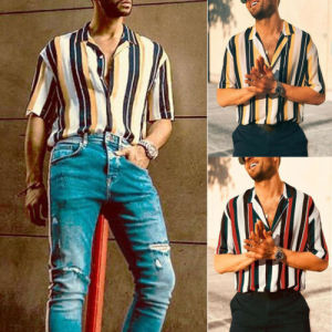 Slim Fit Vertical Striped Shirt Short Sleeve Top Mens Fashion Summer Casual Wear Regular Thickness Youth Popular Style