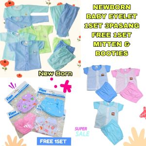New Born Eyelet 1Set 3Pasang Free 1 Booties and Mitten NewBorn Baby Baju Tidur Sleepsuit