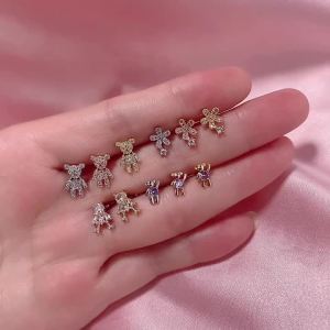 1Piece Fashion Sweet Crystal Flower Small Bear Stud Earrings Women Cute Animal Piercing Earring For Teen Girls Accessories Gift