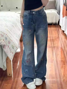 plus Size American Retro Cartoon Dog Embroidered Denim Pants Women Straight Leg Wide Leg Jeans High Waist Long Pants Blue