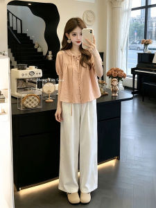 XUECAIQI | French Sweet Style Pink Puff Sleeve Shirt Wide Leg Pants Set