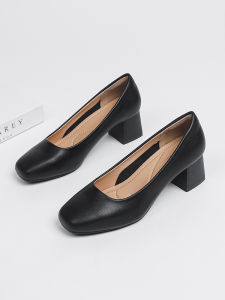 Black Leather Work Shoes Womens Soft Bottom Stand Long No Fatigued Foot Commute Professional Single Shoes Comfortable High Heels Thick Heel