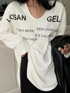 plus Size Womens V-Neck Long Sleeve T-Shirt Loose Fit Midi Length Arcuate Hemline Casual Polyester Spring Autumn Top