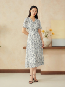 Summer New Chinese Style Begonia Print V-Neck High Waist Dress