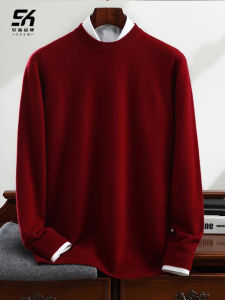 เสื้อสเวตเตอร์คอปกกลมผ้าขนสัตว์สำหรับผู้ชาย เสื้อสเวตเตอร์ถักแบบสวมหัว ทรงหลวม แขนยาว สีแดง ฤดูใบไม้ร่วง/ฤดูหนาว