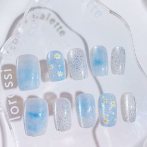 Ice Transparent Light Blue Nails Long Gradient Daisy White Wearing False Nails Student Wearable Finished Products