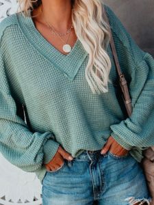 เสื้อสเวตเตอร์คอวีแขนโคมไฟแบบอเนกประสงค์ ชุดทำงานผู้หญิง แขนสั้น ทรงสลิมฟิต ฤดูใบไม้ผลิและฤดูใบไม้ร่วง