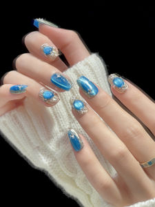 Buccellati Handmade Wearable Nail Tips Short Stair Blue Crystal Cats Eye Nail Art Stickers Premium White Enhancing False Nails