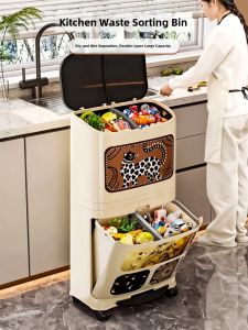 Household Kitchen Waste Bin with Lid for Dry-Wet Separation Large Capacity Odor Control