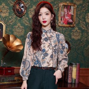 Retro Chinese Style Shirt Womens Spring Autumn New Style Gown Button Print Long Sleeve Stand Collar Lantern Sleeve Top
