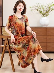 New Summer Mommy Style Loose Fit Short Sleeve Cotton Silk Dress High Waist Qipao Skirt for Middle-Aged And Elderly Women