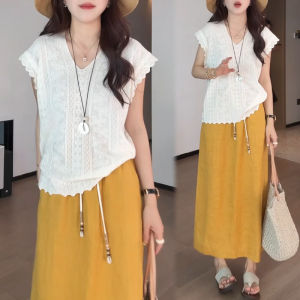 Shalldoer | Elegant Lace Embroidery Knitwear Fly Sleeve Top For Women Summer New Fashion Ageless V-neck Regular-fit Thin No-sleeve Knitted