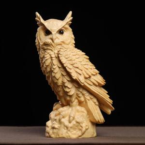 Pine Wood Carving Creative Owl Animal Figurine Home Car Entrance Wine Cabinet Chinese Style Decorations Crafts Handmade Sculpture