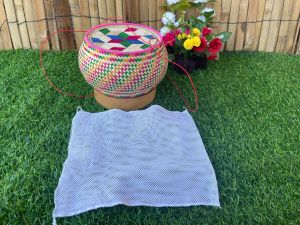 กระติบข้าว ทรงฟักทอง งานจักสานจากไม้ไผ่ สีสันสวยงาม ขนาด 6.5 นิ้ว แถมถุงผ้า