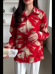 AMMIN 2025 Spring and Autumn new simple lapel fashion vintage floral print long sleeve red chiffon shirt womans Korean style single-breasted commuter elegant blouse