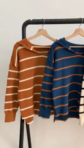 BL0956 Kaos Pria Big Collar Stripe Loose Knit Top