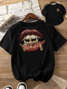 Áo Thun Nữ In Hình Môi Vàng Phong Cách Hip-Hop Cổ Tròn Tay Ngắn Họa Tiết Chữ Thập Thời Trang Đường Phố Mùa Xuân Hè