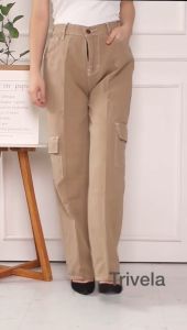 TRIVELA - CELANA CARGO KARET / CELANA CARGO HIGHWAIST LOOSE JEANS WANITA WARNA / CELANA CARGO HIGHWAIST BAGGY JEANS CELANA PANJANG KANTONG WANITA