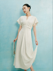 SUSHE | Elegant Slant Cut V-neck Slimming Summer New White Dress