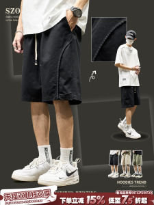 Mens Summer Casual Cotton Shorts Five-Quarter Length Patchwork Loose Fit Black Workwear Style mid Waist Straight Leg Pants