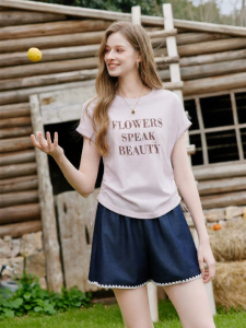 XIANGYING | Round Neck Letter Print Cotton T-Shirt