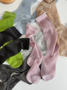 Silver Flash Bright Silk Vertical Stripes Model Style Socks Womens Mid Tube Stockings Ins Tide Fashionable Retro Korean Type Colorful Loose Socks