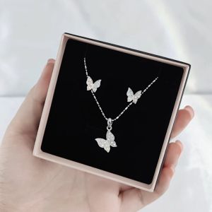 SO SEOUL Caria Flying 3D Butterfly Aurore Boreale Crystal Stud Earrings with Necklace Jewelry Gift Set